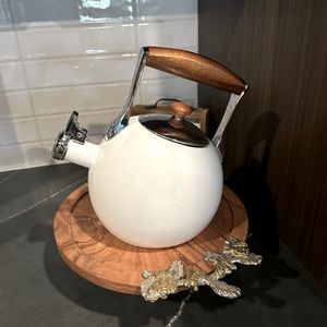 NEW, NEVER USED STAINLESS STEEL NAMBE MERIDIAN ENAMELED STEEL TEA KETTLE- WHITE